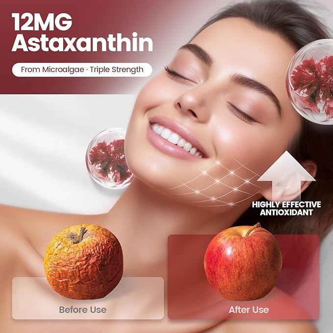 Astaxanthin 12mg, 960 Softgels, Fresh Haematococcus Pluvialis 10 in 1 Astaxanthin Antioxidant Supplements, Contains Lycopene, Grape Seed, Vitamin E, & More Supports Eye, Joints, Skin Health, 4 Bag