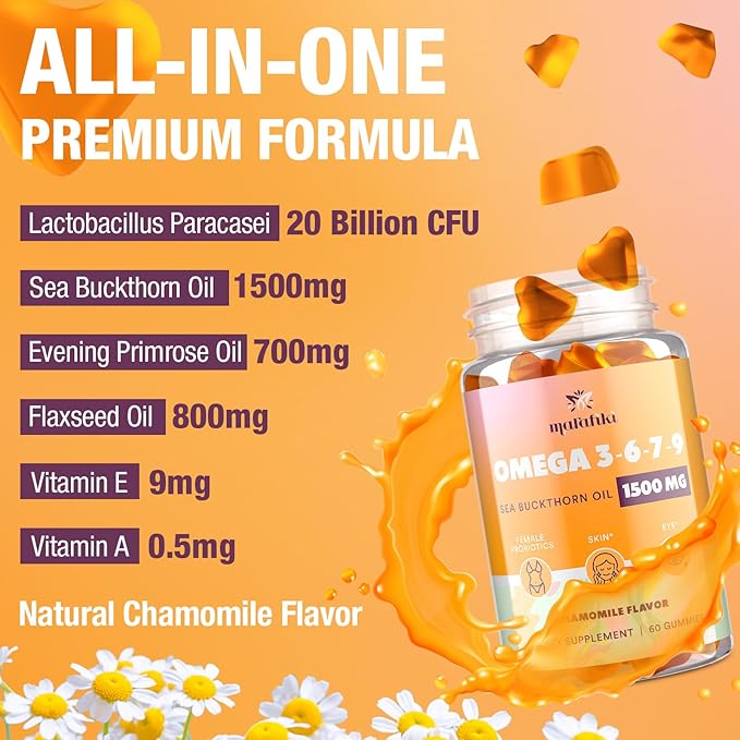 Omega-7 Sea Buckthorn Oil Gummies, Omega 3 6 7 9 Supplement for Women, Flaxseed Oil, Vitamins E, A & Probiotics - Skin, Eye & Dryness, Chamomile Flavor - 120 Gummies