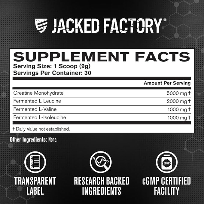 Jacked Factory Creatine + BCAAs - Creatine Monohydrate + BCAA Powder for Increased Post-Workout Recovery, Performance, Lean Muscle Growth, & Reduced Fatigue - 30 Servings, Unflavored