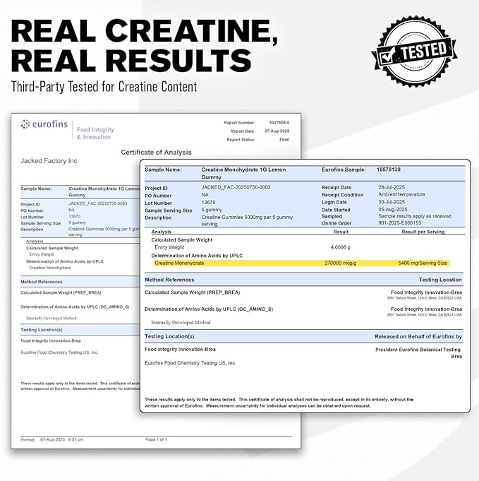 Jacked Factory Creatine Monohydrate Gummies 5g Daily Dose (1g per Gummy) - Creatine Gummy for Men and Women, Vegan-Friendly, Travel-Friendly, Third-Party Tested - 150 Gummies, Lemon
