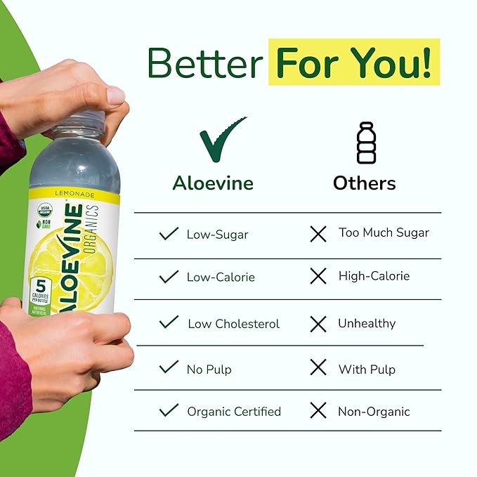 Aloe Vera Juice, No-Pulp Organic Aloe Vera Drink, Healthy Juice with Aloe Powder and Lemon Juice, 5 Calories, Low Sugar, No Artificial Ingredients, 16.9 oz, 12 Pack, Lemonade - Aloevine Organics
