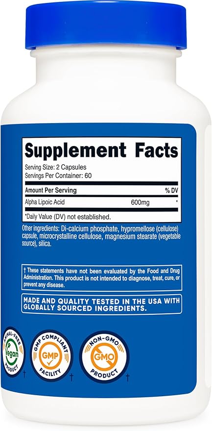 Nutricost Alpha Lipoic Acid 600mg Per Serving 120 Capsules, 60 Servings - Plant Based Caps, Non-GMO