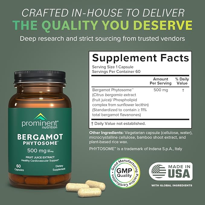 Prominent Nutrition Bergamot Phytosome, Clinically Researched Vazguard Citrus Bergamot Extract for Cholesterol and Heart Health Support, Enhanced-Absorption Supplement, 500 mg, 60 Capsules