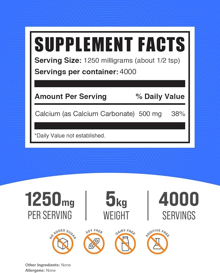 BulkSupplements.com Calcium Carbonate Powder - Calcium Carbonate Food Grade, High Absorption - Gluten Free, 1.25g per Serving, 1kg (Pack of 5) (11 lbs)