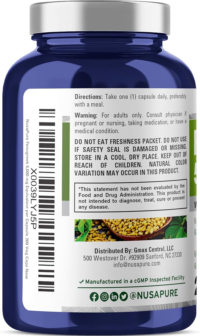 NusaPure Fenugreek Capsules, 50:1 Extract, 100 mg Equivalent to 5,000mg, 200 Veggie Caps, Non-GMO, Vegan