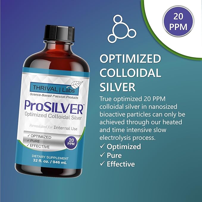 ProSILVER Blue Label 20 PPM True Colloidal Silver Liquid (32oz), Optimized Bio-Active Nano-Sized Liquid Silver for Immune Support, Dark Glass Bottle - Thrival Labs (Plata coloidal)
