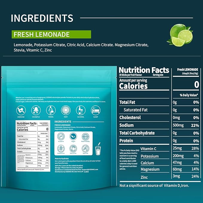 Electrolytes Powder Packets,30 Sticks Hydration Packets Sugar Free, Electrolyte Drink Mix Portable Electrolyte Packets for Rapid Hydration, 0 Sugar & 0 Calorie, Lemonade Flavor