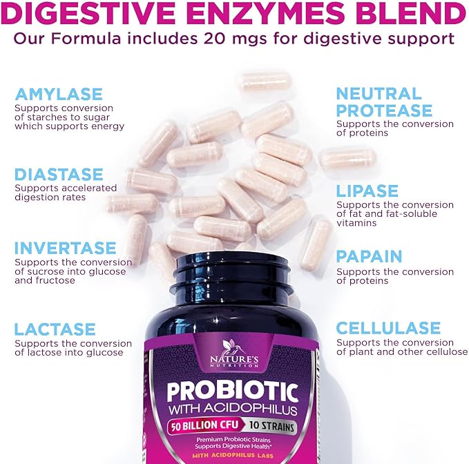 Probiotics 50 Billion CFU per Serving - 10 Strains + Prebiotics - Digestive Health, Gut & Immune Support - Supports Occasional Constipation, Gas & Bloating for Women & Men Shelf Stable - 120 Capsules