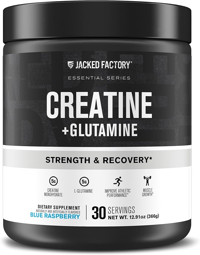 Jacked Factory Creatine + Glutamine - Creatine Supplement with L-Glutamine for Muscle Recovery, Muscle Growth, Increased Strength, Enhanced Energy Output, and Gut Health - 30 Servings, Blue Raspberry