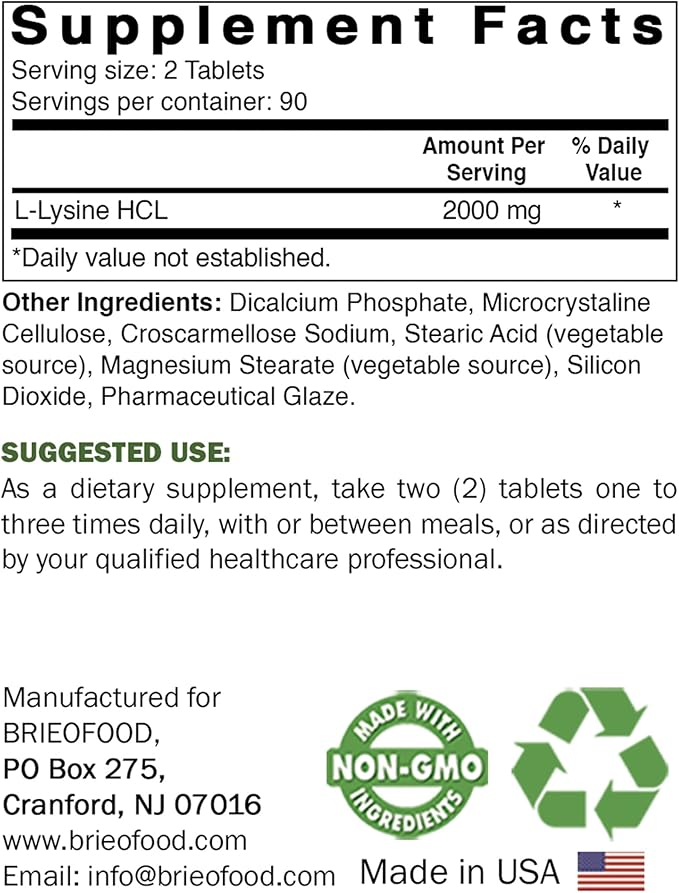 Brieofood L-Lysine 2000mg per Serving - 180 Vegetarian Tablets - Lysine for Cats & Immune Health
