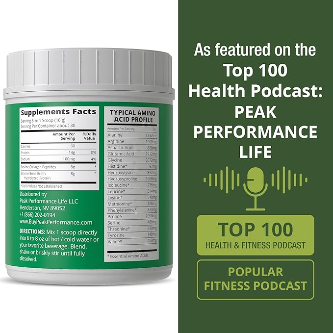 Peak Performance Hydrolyzed Bone Broth and Collagen Unflavored Protein Peptides Powder Contains All Collagen Types: 1, 2, and 3. Pure Pasture, Raised Grass Fed, Paleo Friendly, Gluten + Dairy Free