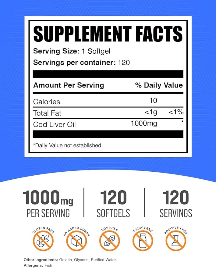 BulkSupplements.com Cod Liver Oil Softgels - Nutritional Supplement, Cod Liver Oil 1000mg - Gluten Free, 1 Softgel per Serving, 120 Count (Pack of 1)