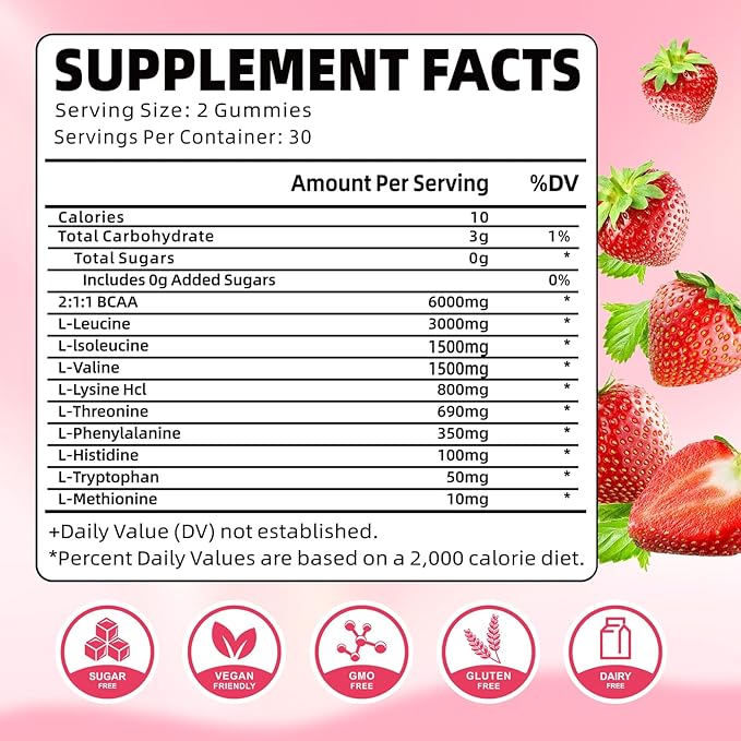 Pack of 2 EAA Gummies Essential Amino Acids - All 9 Essential Aminos (EAA) and All Branched-Chain Aminos (BCAAs) for Muscle Recovery, Energy Support, Strawberry Flavor, 120 Count