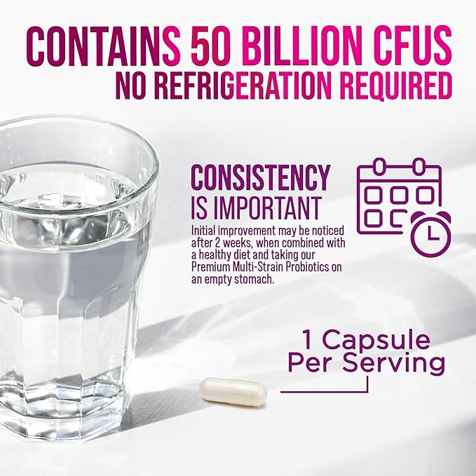 Probiotics 50 Billion CFU per Serving - 10 Strains + Prebiotics - Digestive Health, Gut & Immune Support - Supports Occasional Constipation, Gas & Bloating for Women & Men Shelf Stable - 120 Capsules