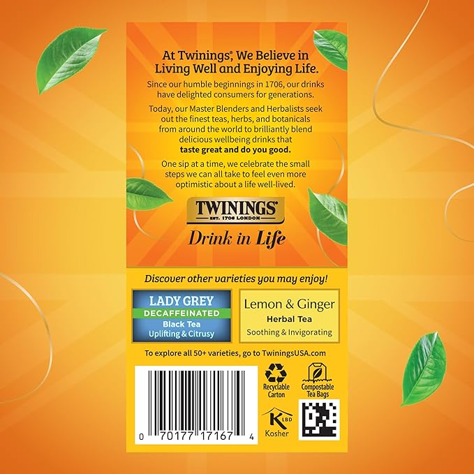 Twinings Decaffeinated Earl Grey Black Tea Individually Wrapped Bags, 20 Count (Pack of 6), Flavoured with Citrus and Bergamot, Enjoy Hot or Iced, 120 Teabags