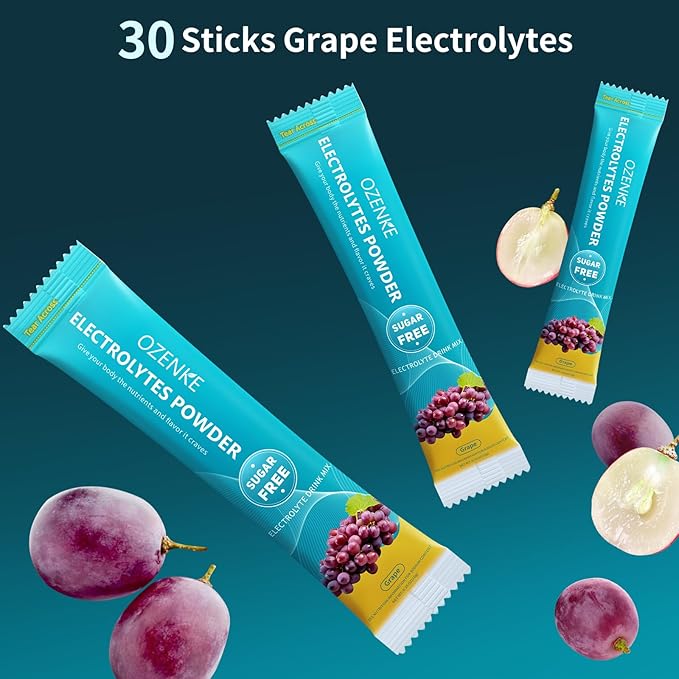 Electrolytes Powder Packets, 30 Sticks Hydration Packets Sugar Free, Electrolyte Drink Mix Portable Electrolyte Packets for Rapid Hydration, 0 Sugar & 0 Calorie, Grape Flavor