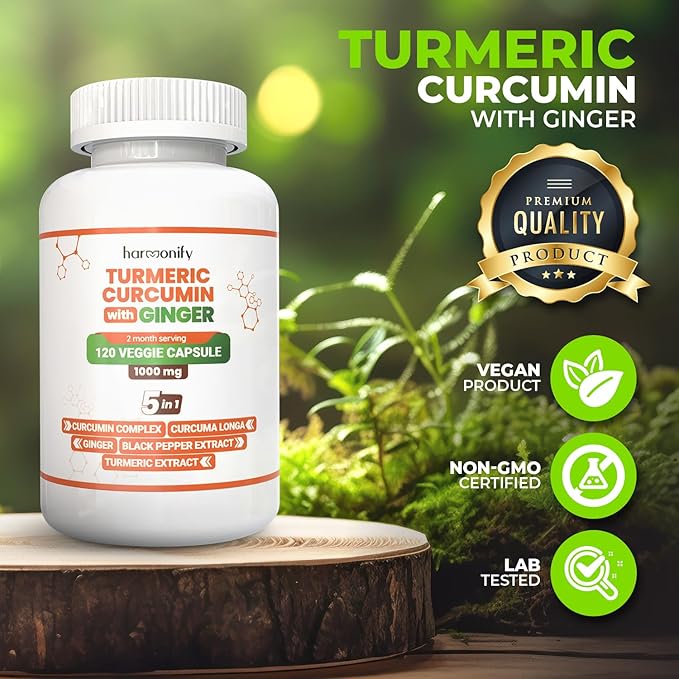 Turmeric Curcumin Supplement with Ginger, Ceylon Cinnamon and Black Pepper Complex 5 in 1 Formula, Curcuma Longa, Max Absorption, 1000 mg, 120 Herbal Extract Capsules