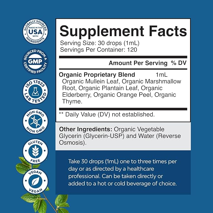 USDA Organic Mullein Drops for Lungs - Herbal Lung Detox & Cleanse with Marshmallow Root Extract & Plantain Leaf for Respiratory Lung Health - Mullein Leaf Tincture Drops for Breathing Support - 120ml