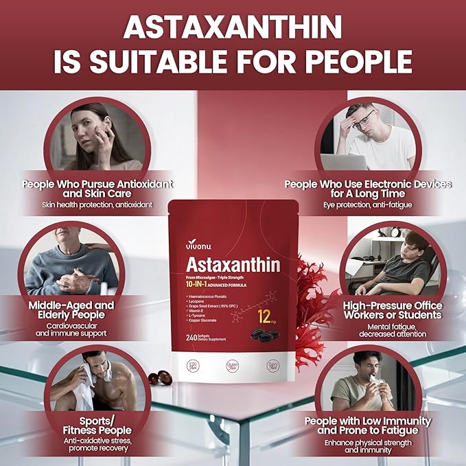 Astaxanthin 12mg, 960 Softgels, Fresh Haematococcus Pluvialis 10 in 1 Astaxanthin Antioxidant Supplements, Contains Lycopene, Grape Seed, Vitamin E, & More Supports Eye, Joints, Skin Health, 4 Bag