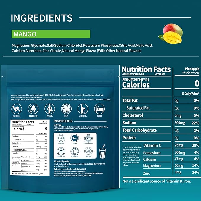 Electrolytes Powder Packets, 30 Sticks Hydration Packets Sugar Free, Electrolyte Drink Mix Portable Electrolyte Packets for Rapid Hydration, 0 Sugar & 0 Calorie, Mango Flavor