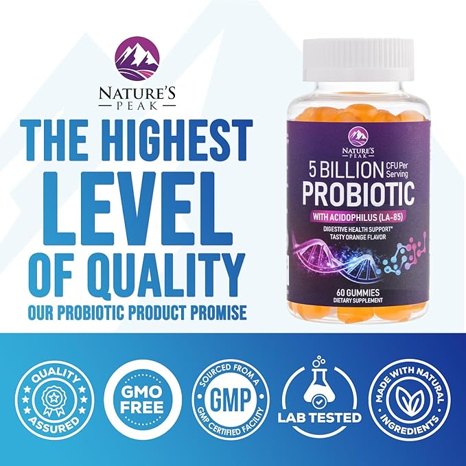 Probiotic Gummies for Women, Men & Teens - 5 Billion CFUs, 6 Pro Biotic Strains - Daily Probiotic Gummy Supplement for Natural Digestive Health, “Good” Gut & Immune Support, Orange Flavor - 60 Count
