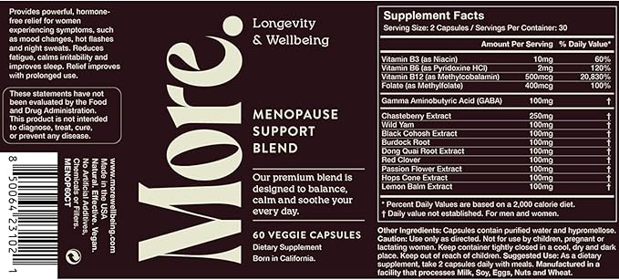 More. Longevity & Wellbeing Menopause Support Supplements for Women | Vegan, Hormone-Free & Gluten-Free | Natural Extracts for Hot Flashes, Night Sweats & Hormonal Balance – 60 Caps
