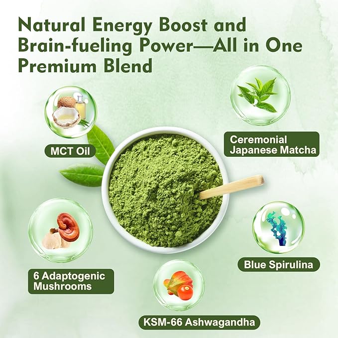 Veltracha Mushroom Matcha Latte, Ceremonial Grade Matcha with Blue Spirulina & Ashwagandha, Adaptogenic Mushrooms Matcha Powder for Focus, Energy, Gut Health & Immunity, 10.58oz
