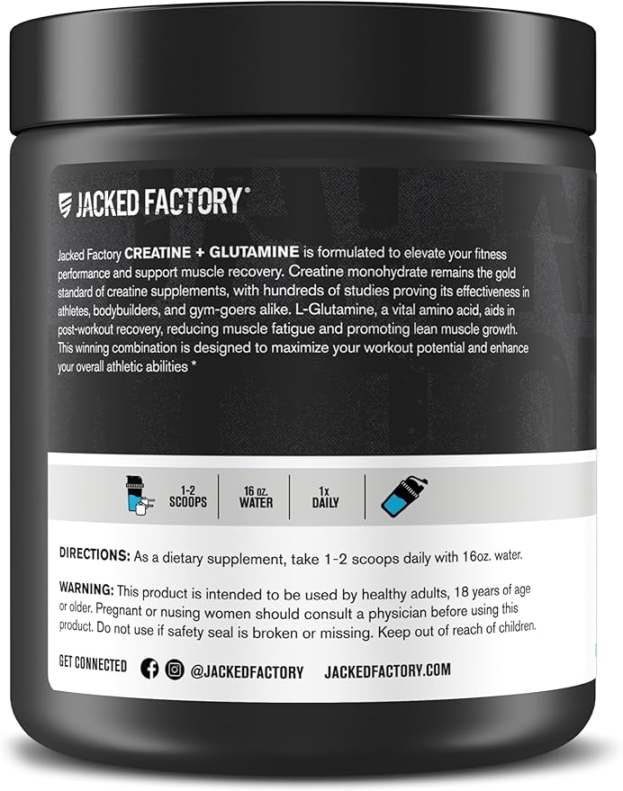 Jacked Factory Creatine + Glutamine - Creatine Supplement with L-Glutamine for Muscle Recovery, Muscle Growth, Increased Strength, Enhanced Energy Output, and Gut Health - 30 Servings, Blue Raspberry