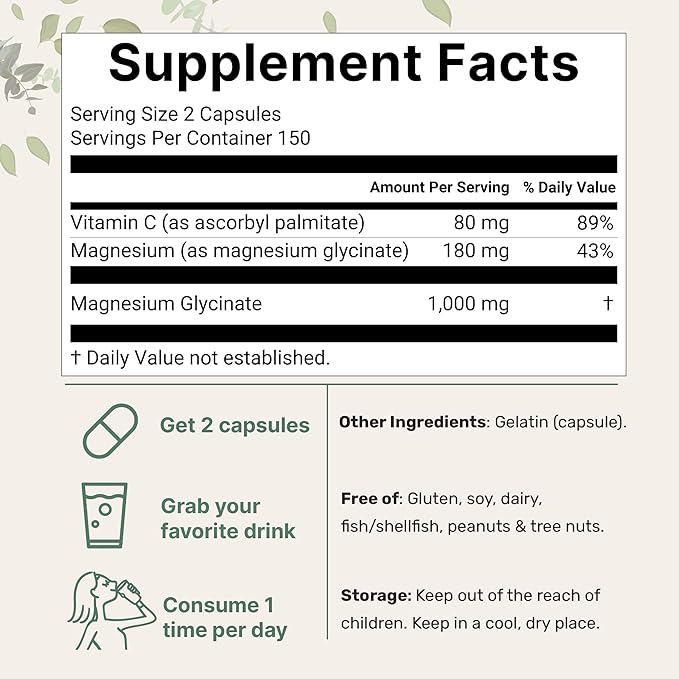 Pure Magnesium Glycinate 1,000mg, 300 Capsules | 100% Chelated for Max Absorption | Support for Sleep, Muscle, Heart & Nerve Health | Enhanced with Vitamin C | Only Uses Active Ingredients