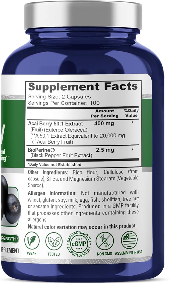 NusaPure Acai Berry Capsules 20000mg | 200 Veggie Caps | Non-GMO, Extract 50:1, Bioperine