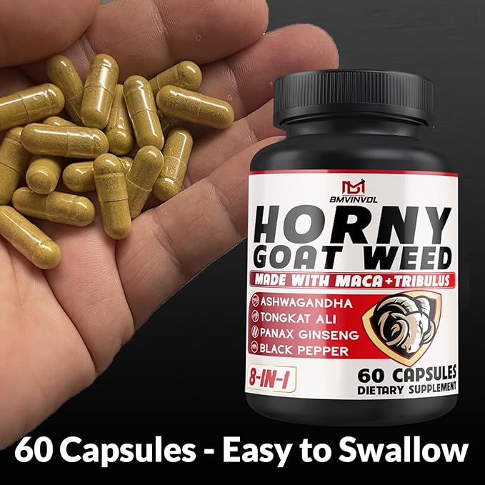 BMVINVOL Horny Goat Weed Capsules with Panax Ginseng, Tribulus, Ashwagandha, Maca, Tongkat Ali, Nettle, Black Pepper - 60 Capsules