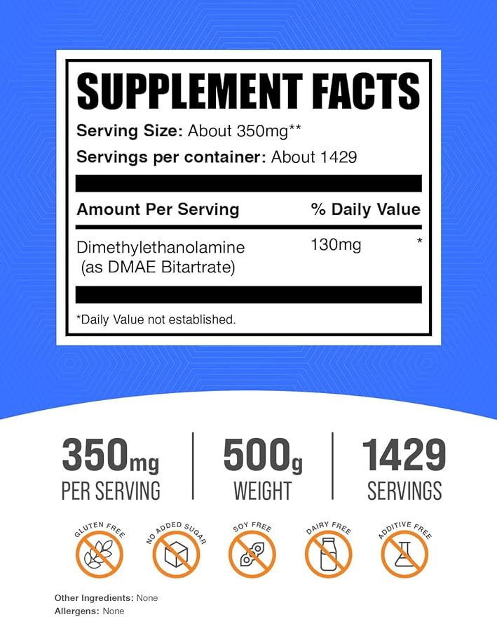 BulkSupplements.com DMAE Bitartrate Powder - Dimethylaminoethanol Bitartrate, DMAE Supplement - Unflavored & Gluten Free, 350mg per Serving, 500g (1.1 lbs) (Pack of 1)