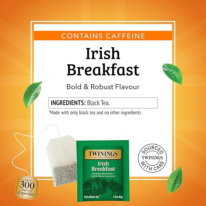 Twinings Irish Breakfast Black Tea Individually Wrapped Bags, 100 Count (Pack of 1), Flavourful, Bold, and Robust, Caffeinated, Enjoy Hot or Iced, 100 Teabags