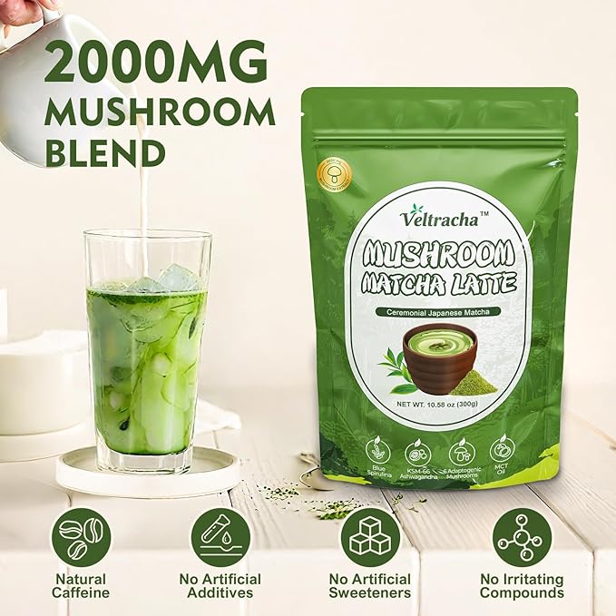 Veltracha Mushroom Matcha Latte, Ceremonial Grade Matcha with Blue Spirulina & Ashwagandha, Adaptogenic Mushrooms Matcha Powder for Focus, Energy, Gut Health & Immunity, 10.58oz