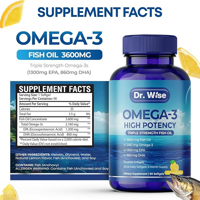 Triple Strength Omega 3 Fish Oil 3600mg β 1300mg EPA & 860mg DHA- Once Daily β Burpless Lemon Flavor, β Supports Heart, Brain, Joint & Eye Health β Wild Caught, Non-GMO, 90 Softgels, 3-Month Supply