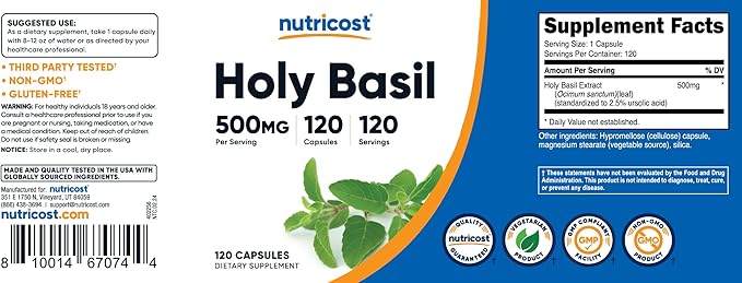 Nutricost Holy Basil Capsules 500mg, 120 Vegetarian Capsules - Gluten Free, Non-GMO