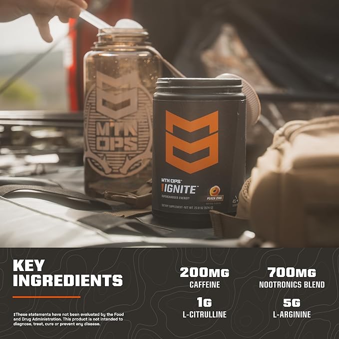 MTN OPS Ignite Trail Packs Energy Drink Powder, Gluten Free Nootropic Supplement Drink Mix, L Arginine, L Citrulline, Caffeine & Nootropic Sugar Free Drink Mix, 20 Servings, Bugle Berry