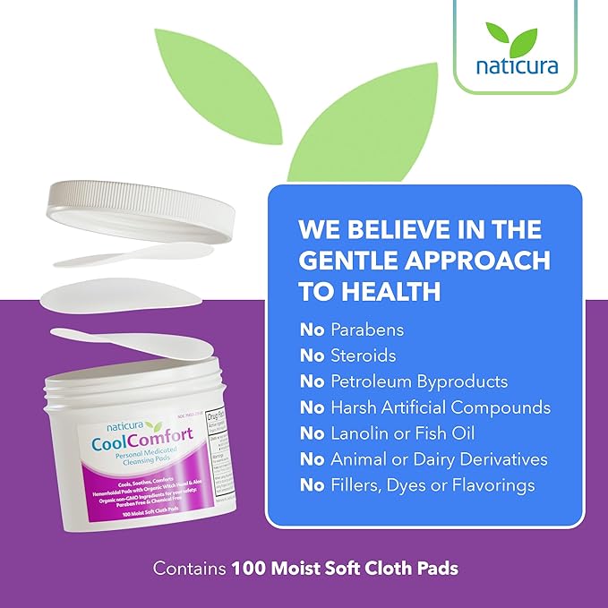 CoolComfort Personal Cleansing Pads with Organic Witch Hazel and Aloe Vera - All-Natural and Fast Acting Wipes for Hemorrhoid Burning, Itching, Pain and Swelling - 100 Pads - No Parabens - 2 Pack