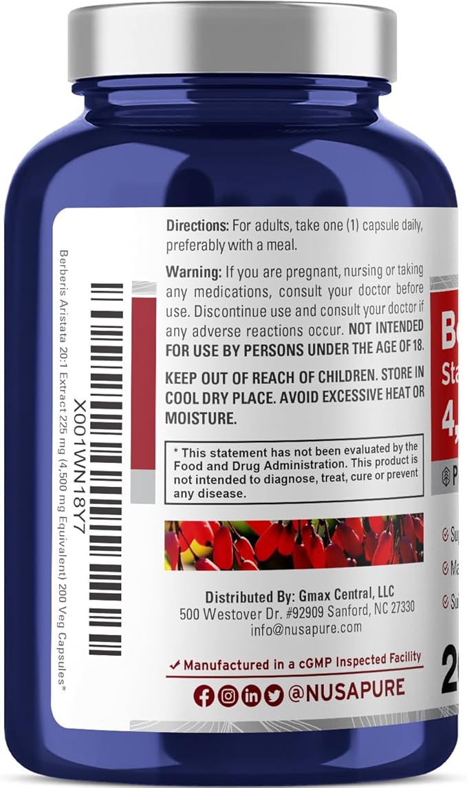 NusaPure Berberine HCI 20:1 Extract, 220 mg Equivalent to 4,500mg - 200 Veggie Caps - (Vegetarian, Non-GMO, Vegan)