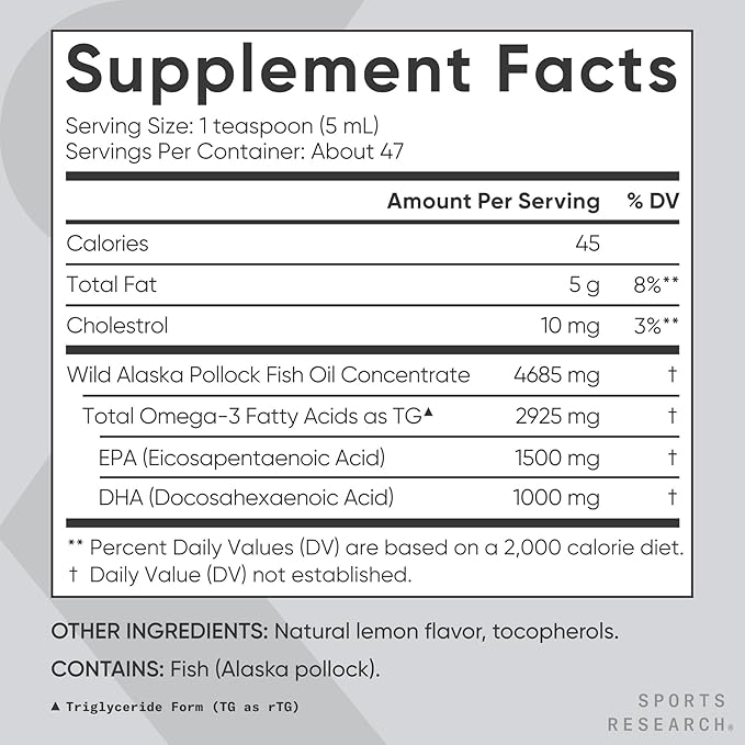 Sports Research® Omega-3 Fish Oil 4685mg - Sourced from Wild Caught Alaska Pollock - Natural Lemon Flavor, MSC Certified Sustainable - 8oz (48 Servings)