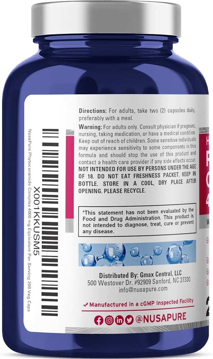 NusaPure Phytoceramide Complex 10:1 Extract, 1030 mg Equivalent to 4000 mg 200 Veggie Capsules (Non-GMO) Bioperine
