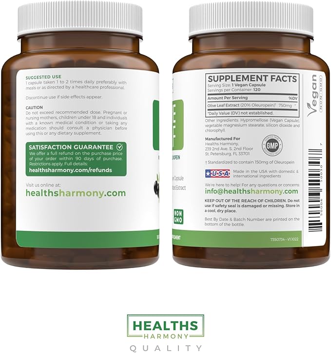 Super Strength Olive Leaf Extract Capsules - Vegan Non-GMO 750mg Olive Extract with 20% Oleuropein Antioxidant Supplement for Immunity Skin and Heart Health Support - Made in The USA (4 Month Supply)