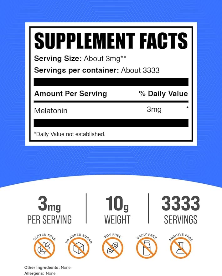 BulkSupplements.com Melatonin Powder - Sleep Supplement, Melatonin for Adults, Melatonin 3 mg - Vegan Melatonin, Pure & Gluten Free, 3mg per Serving, 10g (0.35 oz) (Pack of 1)