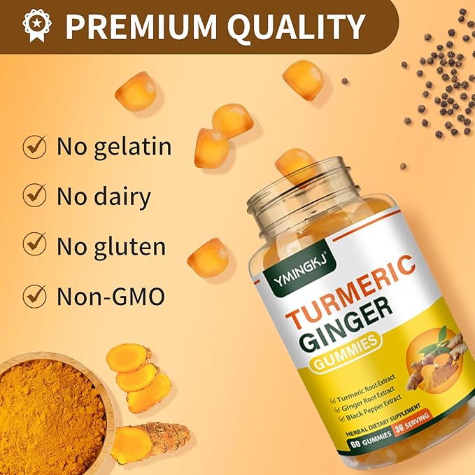 Turmeric Ginger Gummies with Black Pepper, 500 mg Turmeric Curcumin Supplement for Immune Support, Healthy Skin, and Mobility 60 Count Non-GMO Gluten-Free