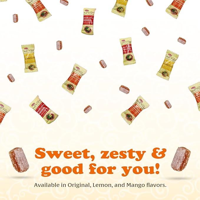 Pocas Mango Ginger Chews - Sweet and Zesty Ginger Chew, Individually Wrapped Low-Calorie Snacks, Ginger Candy Made with Pure Cane Sugar, 3 Oz Ea (Pack of 4)