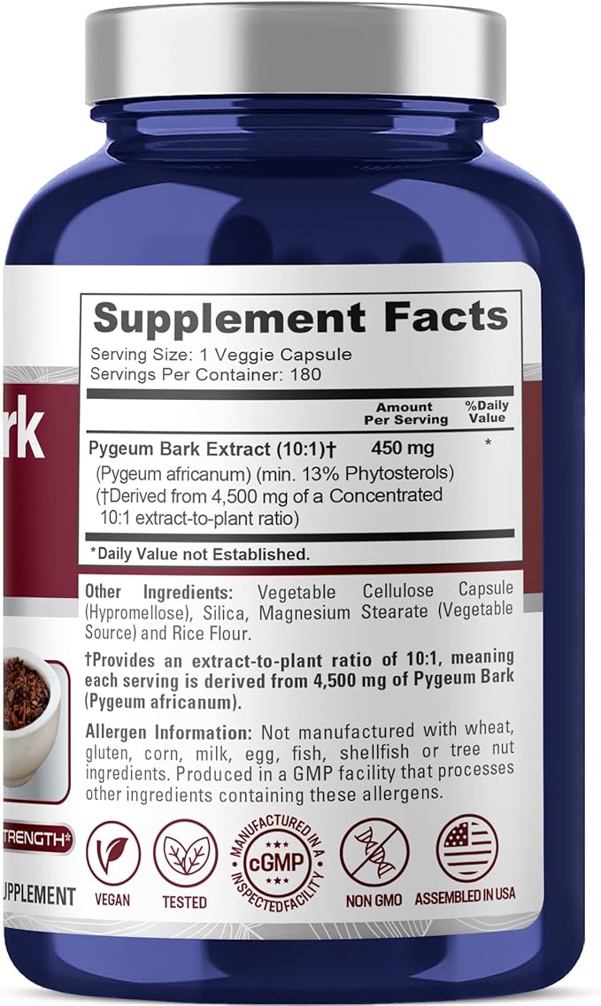 NusaPure Pygeum Bark 10:1 Extract, 450 mg Equivalent to 4,500mg 180 Veggie Caps (Non-GMO, Vegan)