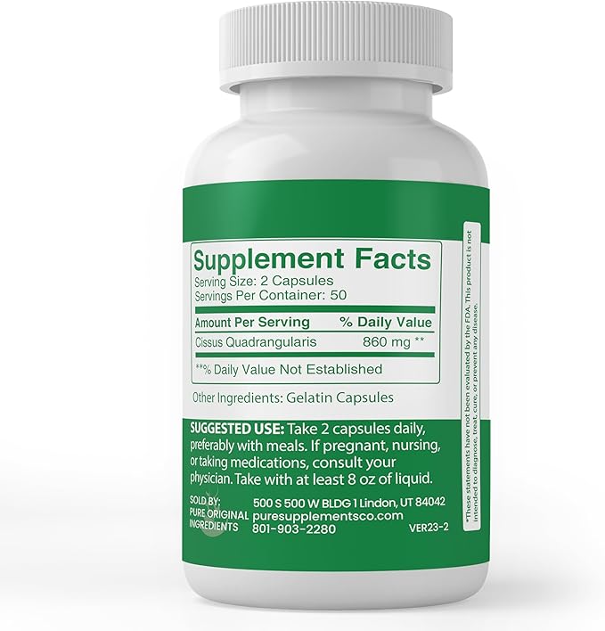 PURE ORIGINAL INGREDIENTS Cissus Quadrangularis, (100 Capsules) Always Pure, No Additives Or Fillers, Lab Verified
