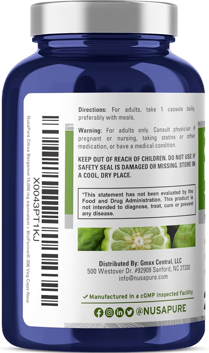 NusaPure Citrus Bergamot Capsules 15,000mg, 200 Capsules - 25:1 Bergamot Extract - 200 Servings, Bioperine, Vegan, Non-GMO