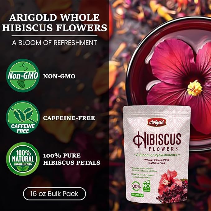 Arigold Pure Whole Petals Hibiscus Tea 1lb β Organic Dried Hibiscus Flowers,Flor de Jamaica, Hibiscus Sabdariffa, Bissap, Sorrel, hibiscus tea loose leaf Herbal Tea for Agua Fresca, Cocktails, Iced Tea & Hot Tea | Caffeine-Free & Rich in Antioxidants.