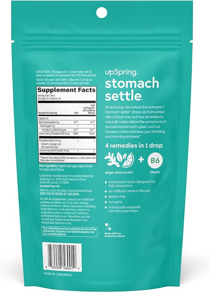 UpSpring Stomach Settle Drops for Occasional Nausea Relief/Upset Stomach with Ginger, Lemon, Spearmint, and B6. Mint Flavor Drops, 28 Ct(Packaging May Vary)